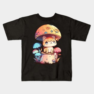 Whimsical Mushroom Cat: Playful Cartoon Art Design Kids T-Shirt